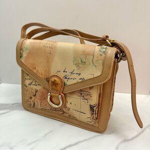 Marchino Vintage Tan World Atlas Traveler Handbag Purse One Size Adventure Chic